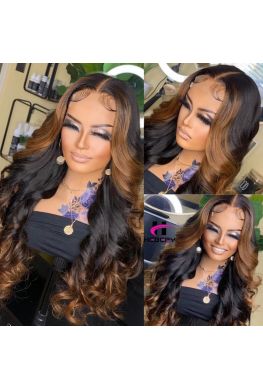 Ombre Highlights Loose wave 13x6 HD Lace Front Wig Pre plucked--hd698