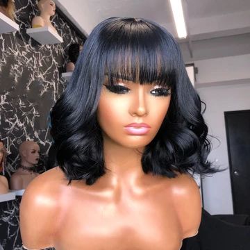 Hebery Bangs wave bob 360 wig Pre plucked Brazilian virgin